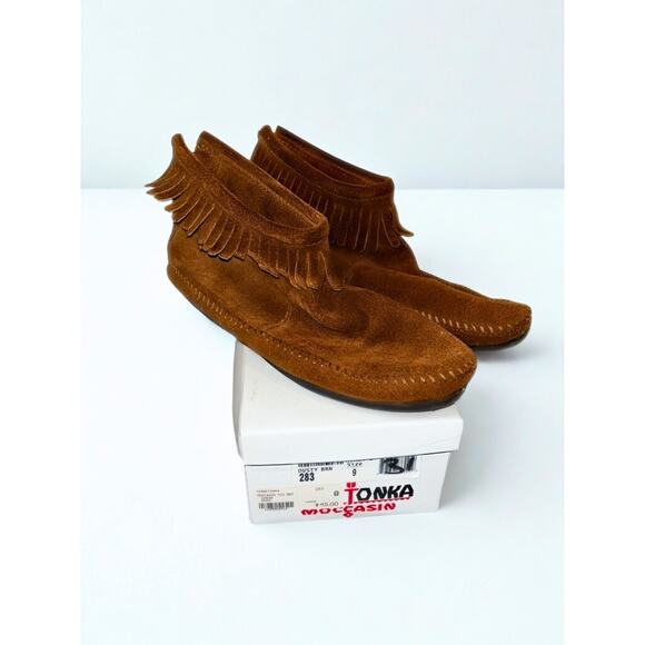 Minnetonka 283 Back Zip Fringe Ankle Boots Suede Brown Women’s Sz 9 w/ Box - Picture 12 of 16